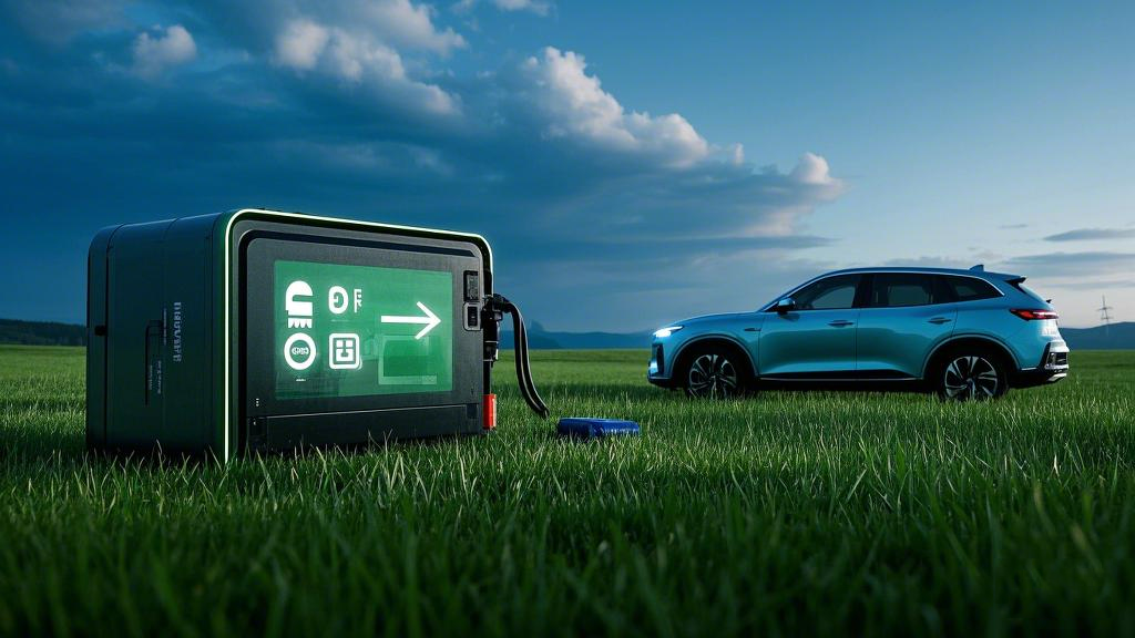 3新能源電池，草地背景，比例 16_9__，旁邊有部汽車