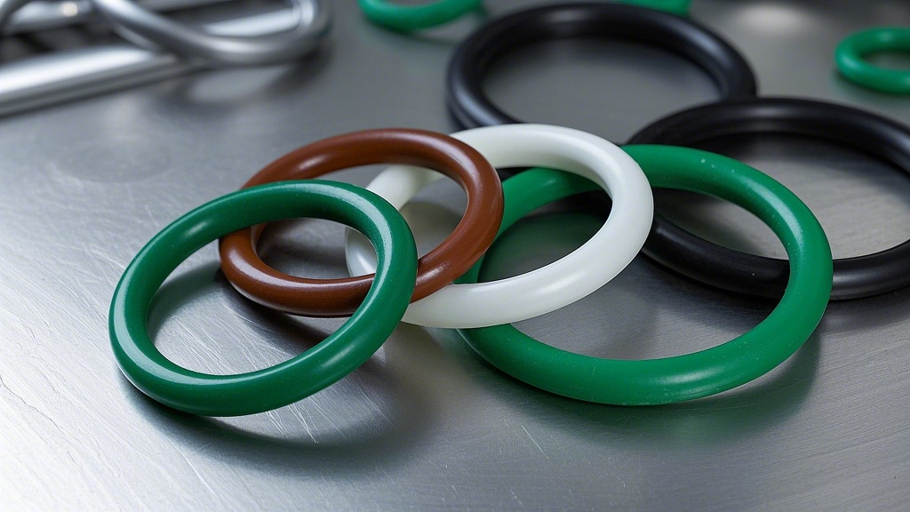 綠色的棕色的白色的黑色的O型密封圈，比例 「16_9」，背景為不銹鋼桌面