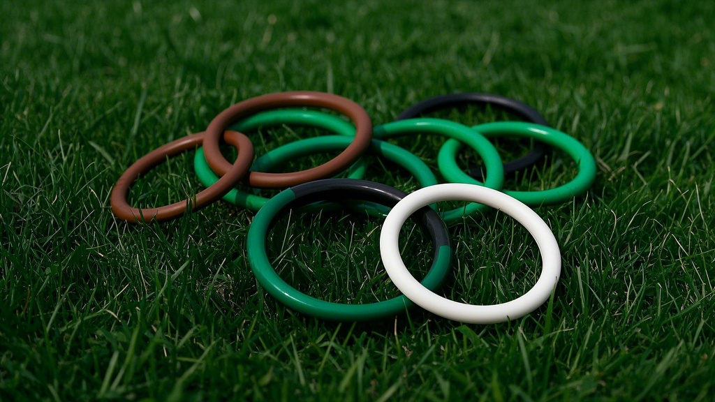 1綠色的棕色的白色的黑色的O型密封圈，比例 16_9__，背景為草地